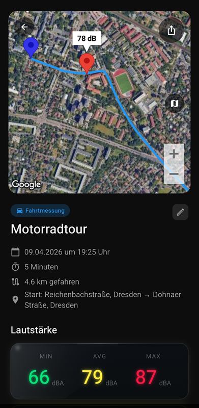 Map view of a recorded ride with the route and a 78 dB marker at one point