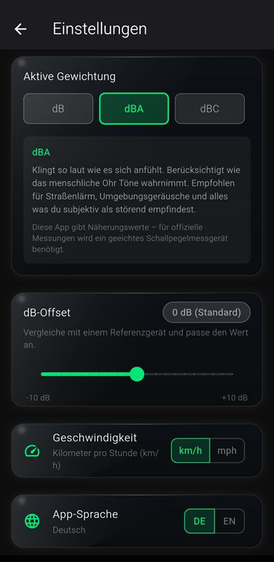 Settings: weighting dB, dBA or dBC, calibration offset, unit km/h or mph