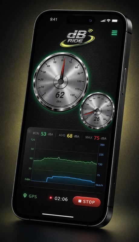dB Ride on a smartphone: needle gauge at 62 dB(A), speedometer at 26 km/h and a live graph of level and speed