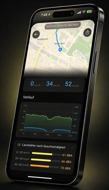 dB Ride on iPhone: route on the map, speed values, graph and noise by speed